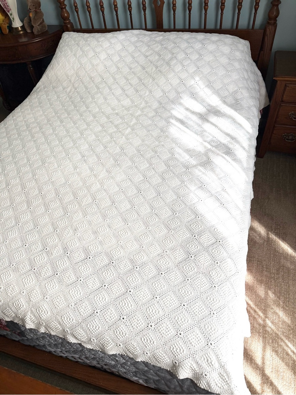 Vintage Hand Crocheted Popcorn Stitch, 82x82 Queen/Full Bedspread/Coverlet